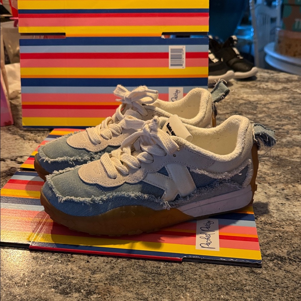 kate spade Frayed Denim-Style Sneakers in White & Light Blue